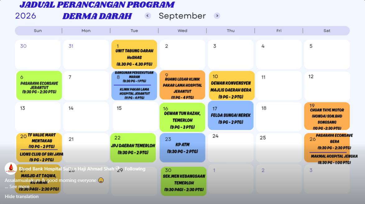 Jadual Program Derma Darah September 2026